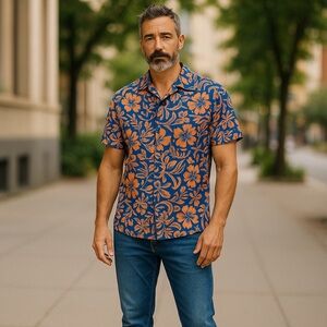 NWT Oliver & Burke Men’s Hawaiian Tropical Blue Orange Print Shirt Size L